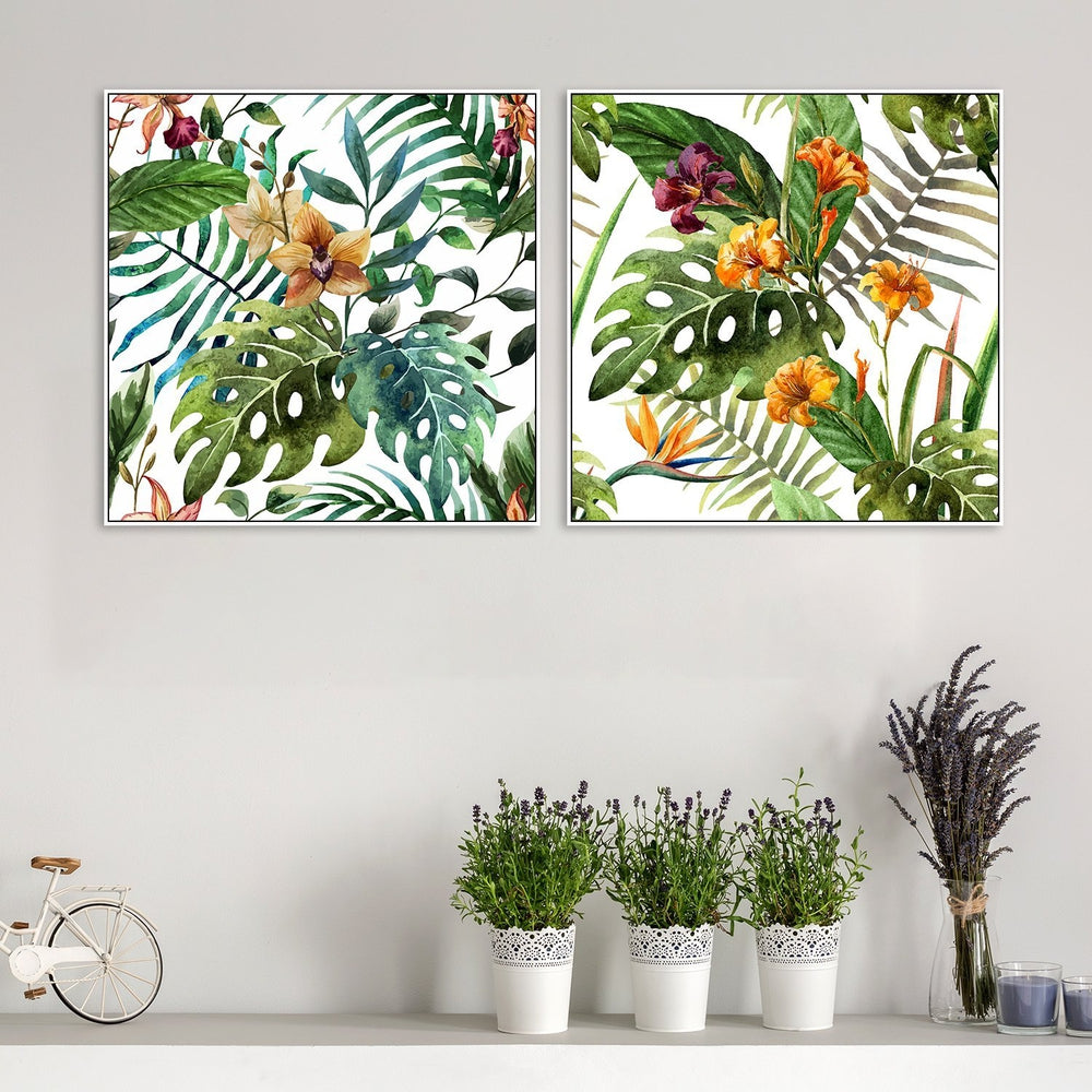 wall-art-print-canvas-poster-framed-Watercolor Tropical Leaves And Flowers, Set Of 2-by-Gioia Wall Art-Gioia Wall Art