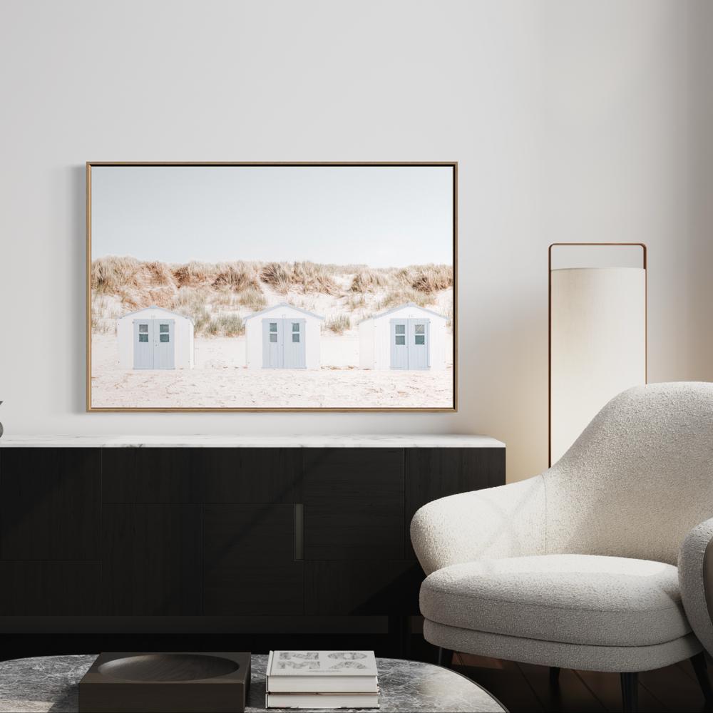 White And Blue Beach Huts-Gioia-Prints-Framed-Canvas-Poster-GIOIA-WALL-ART