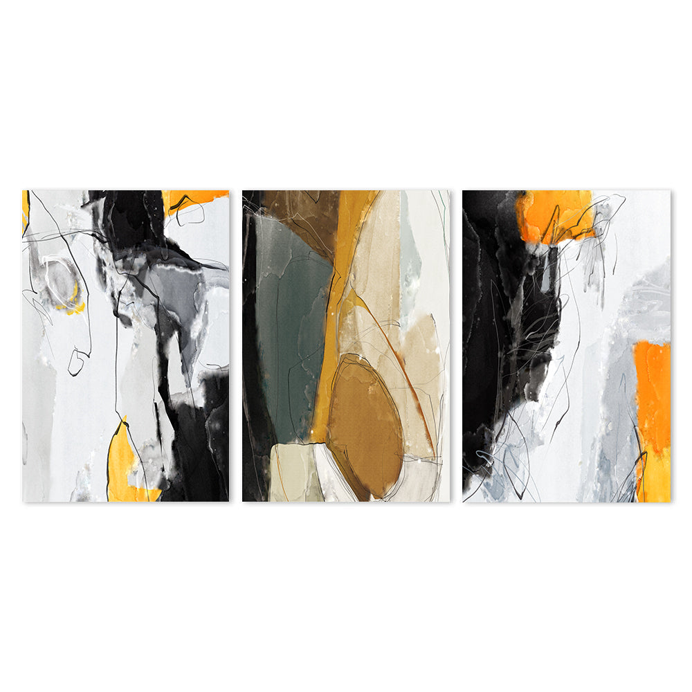 wall-art-print-canvas-poster-framed-Abstract Art, Mustard, Grey And Black, Set Of 3-by-Gioia Wall Art-Gioia Wall Art