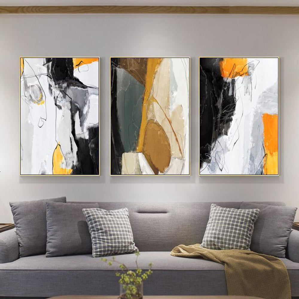 wall-art-print-canvas-poster-framed-Abstract Art, Mustard, Grey And Black, Set Of 3-by-Gioia Wall Art-Gioia Wall Art