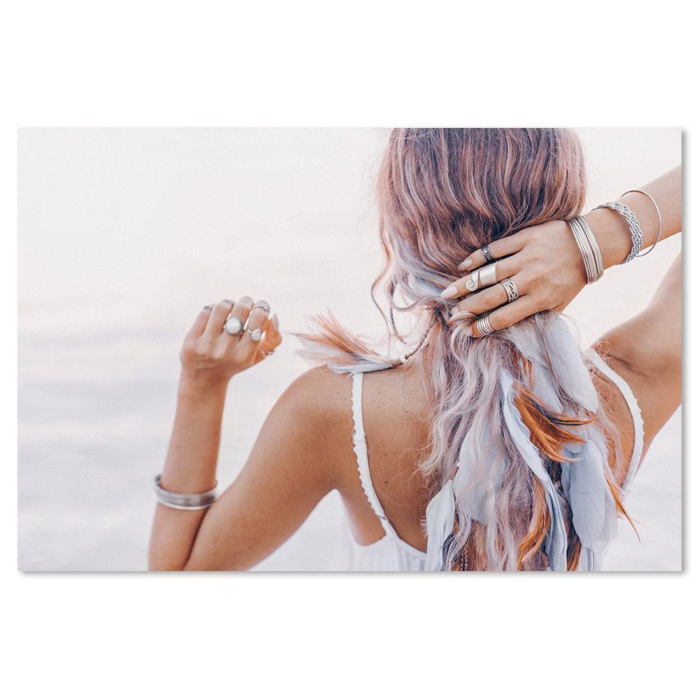 wall-art-print-canvas-poster-framed-Girl With Feather Headdress In Boho Style-by-Gioia Wall Art-Gioia Wall Art