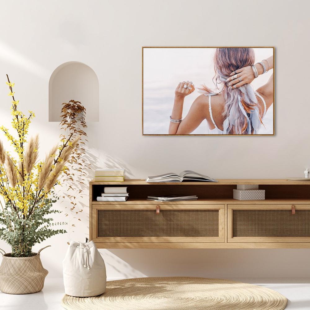 wall-art-print-canvas-poster-framed-Girl With Feather Headdress In Boho Style-by-Gioia Wall Art-Gioia Wall Art