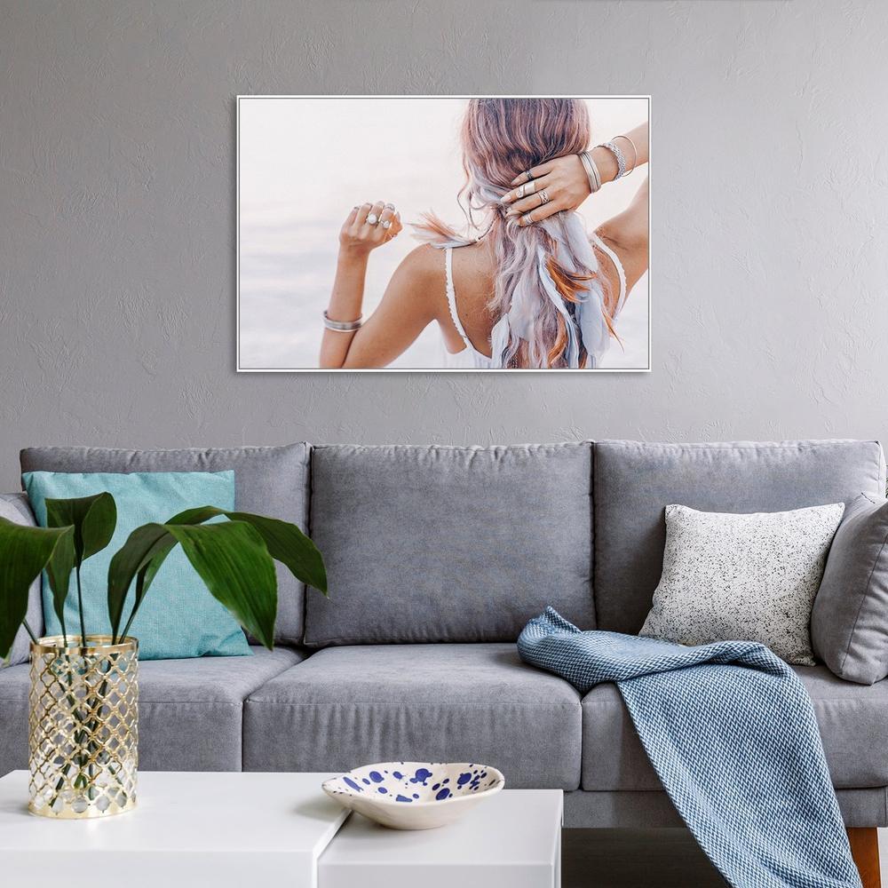 wall-art-print-canvas-poster-framed-Girl With Feather Headdress In Boho Style-by-Gioia Wall Art-Gioia Wall Art