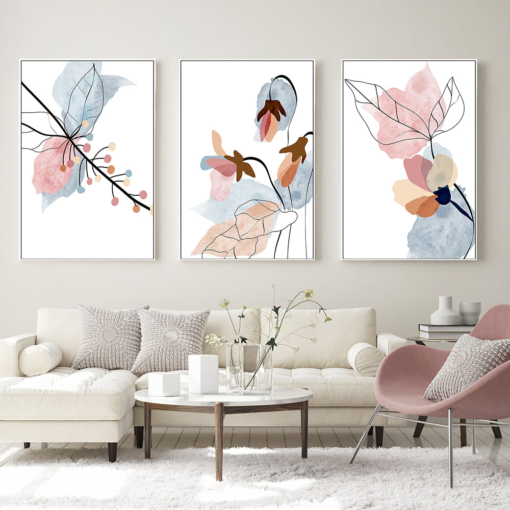 wall-art-print-canvas-poster-framed-Pastel Floral Branch, Style A, B & C, Set Of 3-GIOIA-WALL-ART