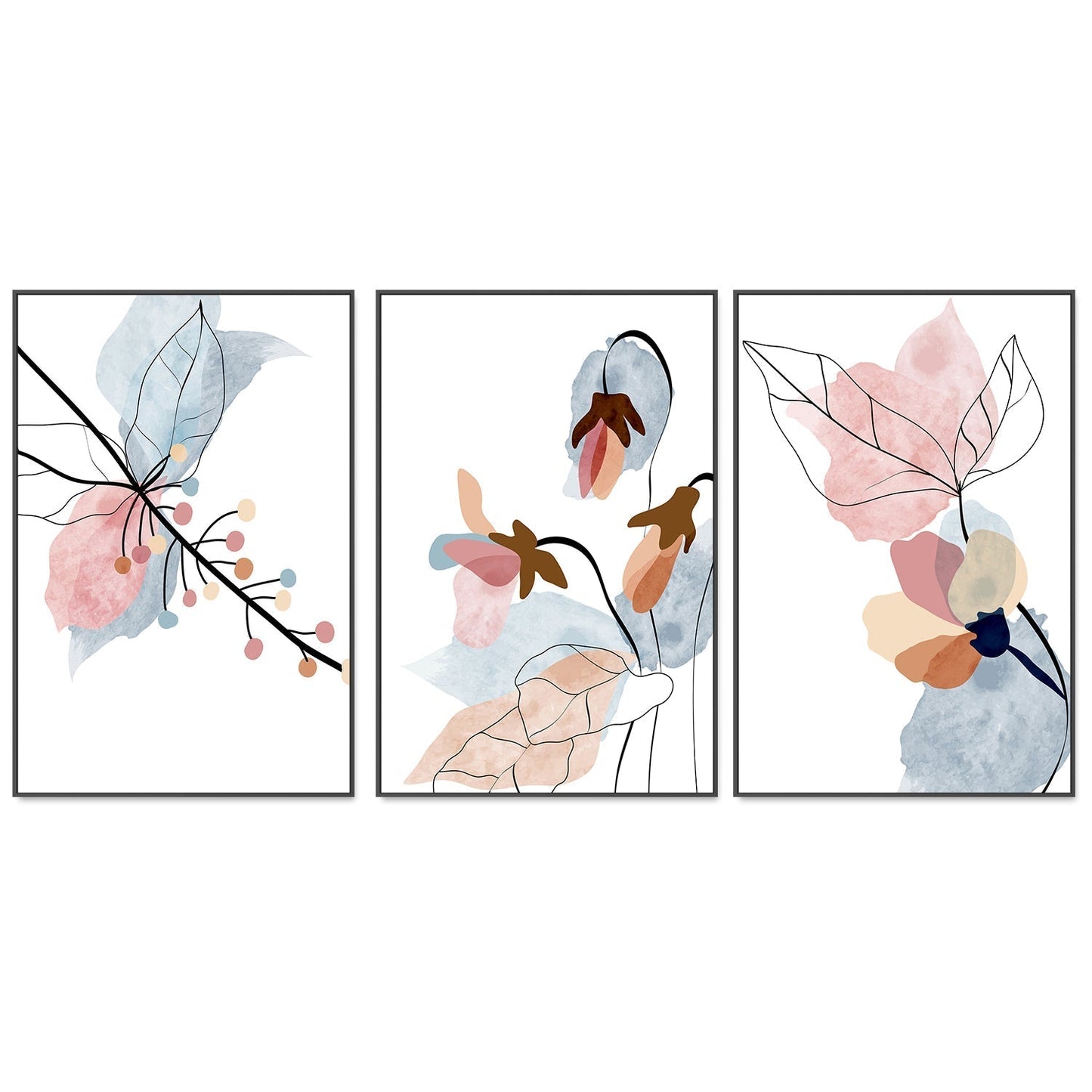 wall-art-print-canvas-poster-framed-Pastel Floral Branch, Style A, B & C, Set Of 3-GIOIA-WALL-ART