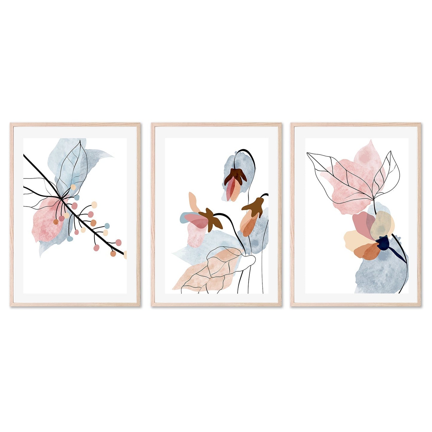 wall-art-print-canvas-poster-framed-Pastel Floral Branch, Style A, B & C, Set Of 3-GIOIA-WALL-ART