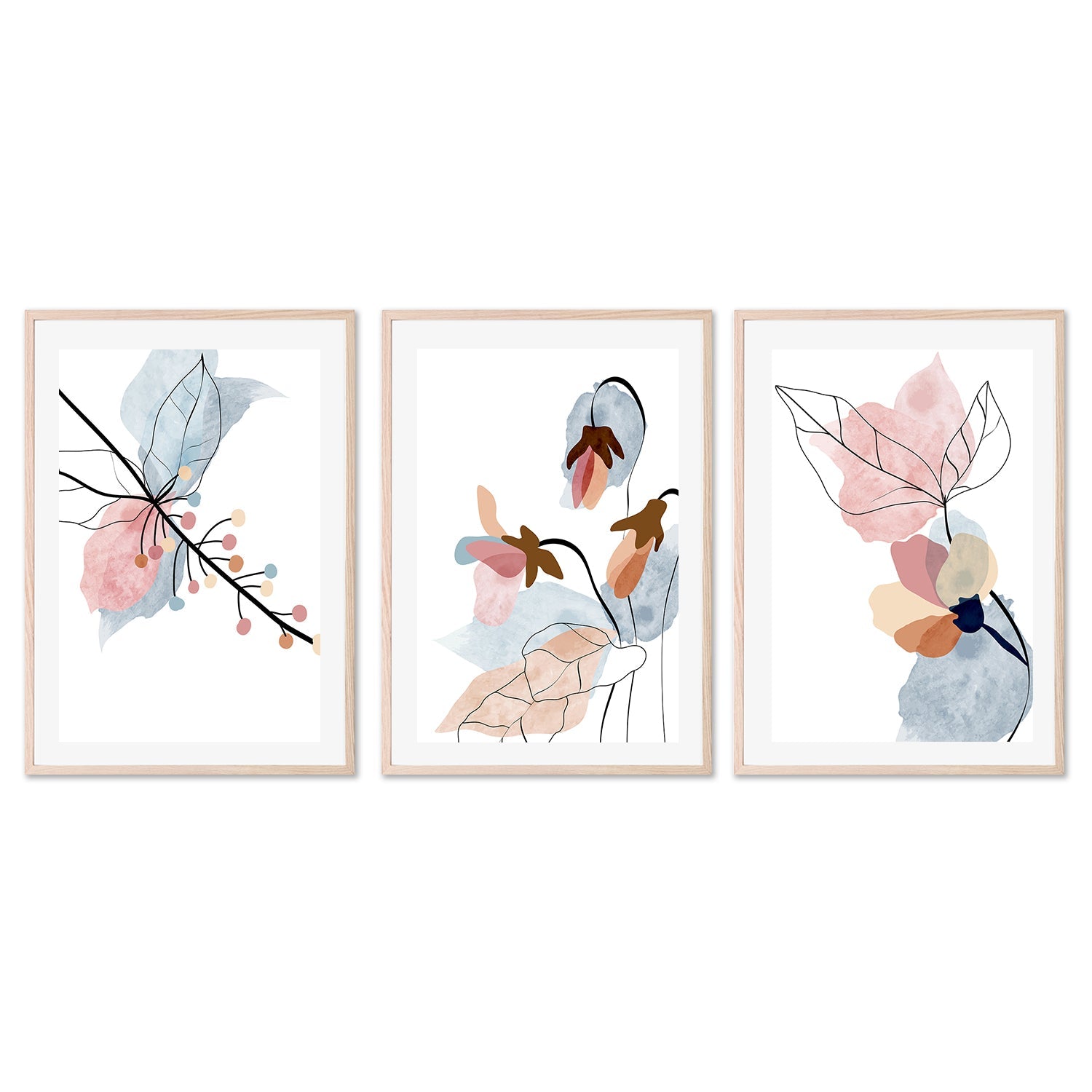 wall-art-print-canvas-poster-framed-Pastel Floral Branch, Style A, B & C, Set Of 3-GIOIA-WALL-ART