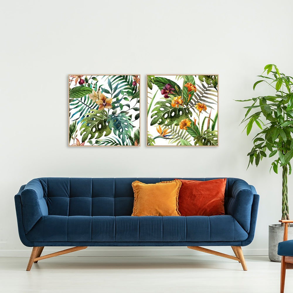wall-art-print-canvas-poster-framed-Watercolor Tropical Leaves And Flowers, Set Of 2-by-Gioia Wall Art-Gioia Wall Art