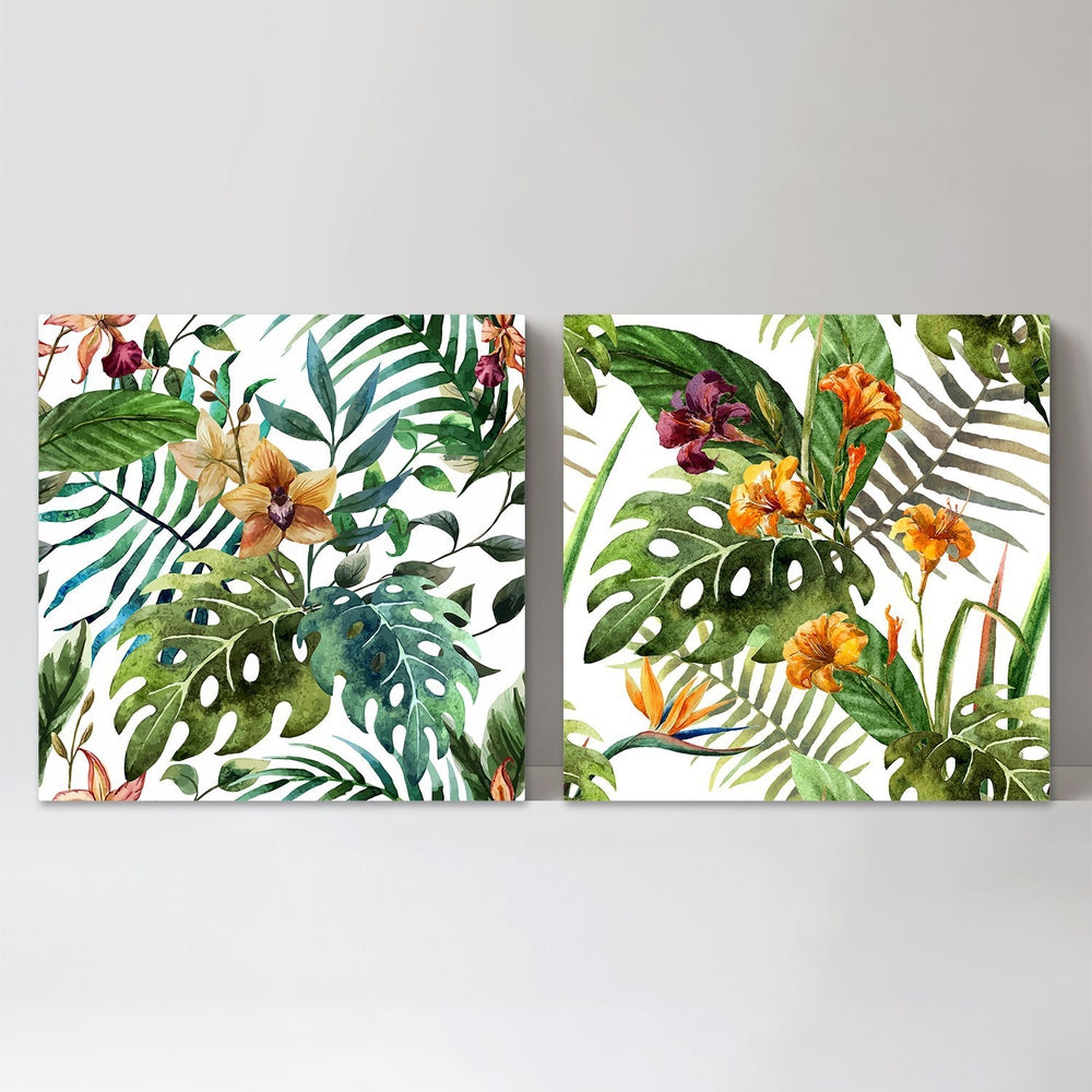 wall-art-print-canvas-poster-framed-Watercolor Tropical Leaves And Flowers, Set Of 2-by-Gioia Wall Art-Gioia Wall Art